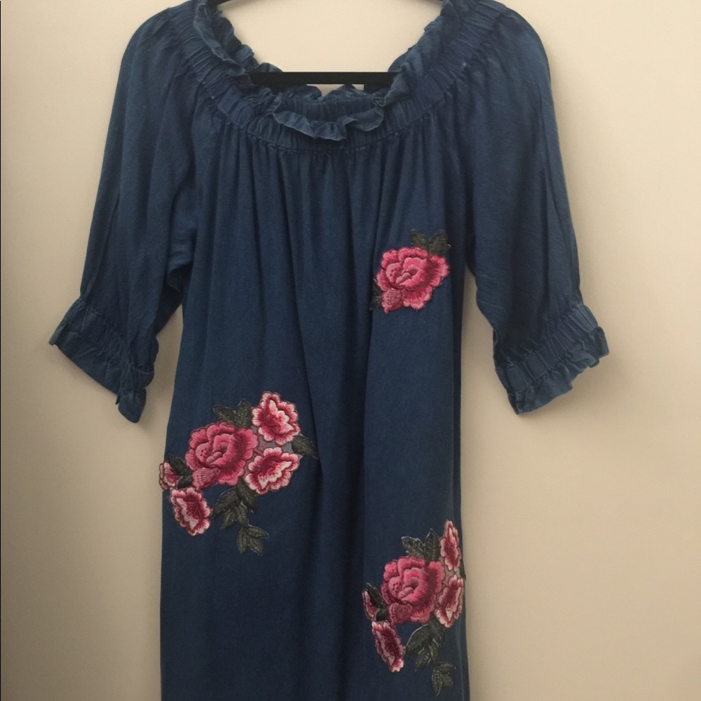 Denim and floral appliqué dress